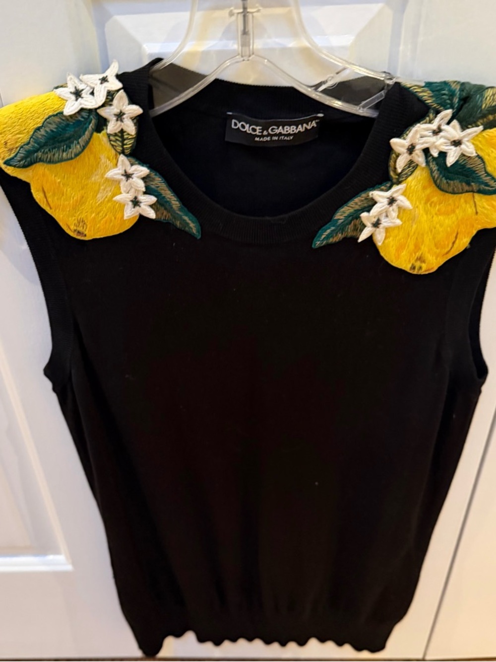 Dolce & Gabbana Black Top with Yellow Lemon and Green Leaf Embroidery